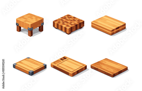 Isometric Butcher Board Icons. Butcher board. Isometric flat vector icons set of butcher board: heavy wood chopping block, square end-grain board, thick