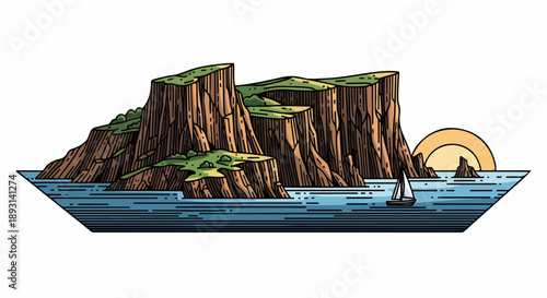 Rugged coastal cliff with calm blue waters and a white sailboat