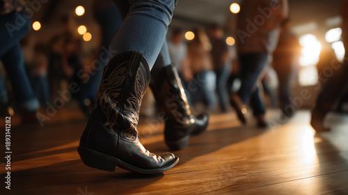 Lively group of people in cowboy boots line dancing, wooden-floored hall lit by warm nostalgic sunlight, country dance activity, social dancing scene, western dance celebration,