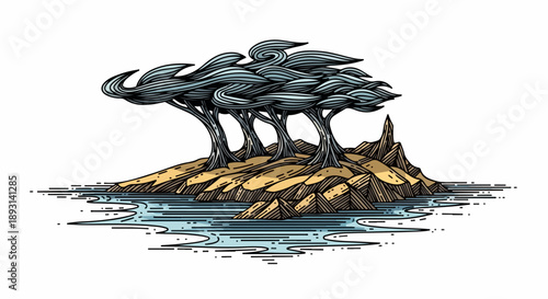 A windswept tree on a rocky outcrop with a serene body of water