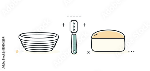 Minimal Sourdough Essentials. Minimal sourdough tools set. Banneton basket, scoring blade, and dough scraper aligned in a tidy row with plenty of white space.