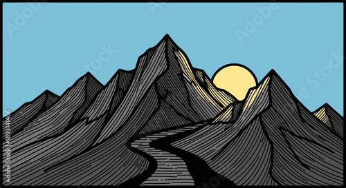 Rugged mountain landscape with jagged peaks and a winding path under a clear blue sky