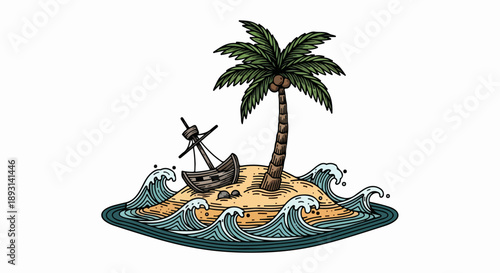 Solitary palm tree on a small sandy island with a wooden boat in the background