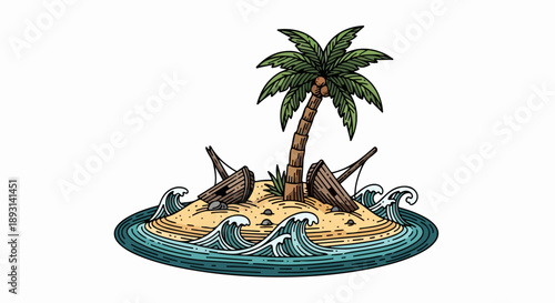Solitary palm tree on a sandy shore with two weathered wooden boats and calm ocean