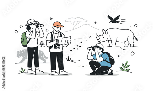 Eco-tourism Wildlife Watching. Predictive analytics. A small team discussing future scenarios while pointing at upward and downward charts, calm collaboration