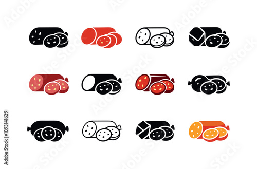 Sausage Logo Variations. Sausage. Icon set. Set Logo of Sausage: sliced sausage rounds. harmonious logo variations of the same emblematic concept, each with