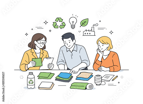 Textile Recycling Innovations. Innovations in textile recycling. Engineers and designers reviewing recycled fabric samples on a table, discussing new material
