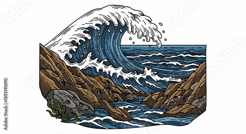 Towering wave crashing against rugged coastline with intricate rock formations and deep ocean background