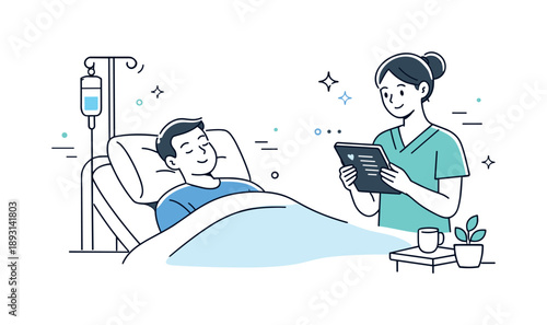 Hospital Recovery Scene. Hospital care and recovery. A patient resting in a hospital bed while a nurse gently checks a tablet with medical notes, calm and