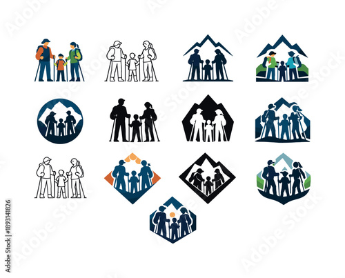 Family Hiking Icons. family hiking together. Icon set. Set Logo of family hiking together: parents and child holding trekking poles. harmonious logo variations