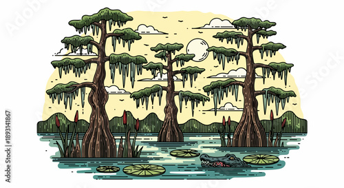 Serene swamp landscape with cypress trees, Spanish moss, lily pads, and an alligator at twilight