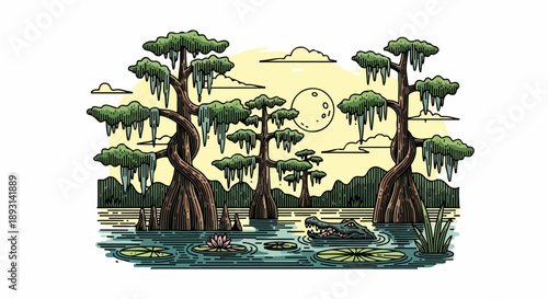Swamp landscape with cypress trees, lily pads, and a full moon