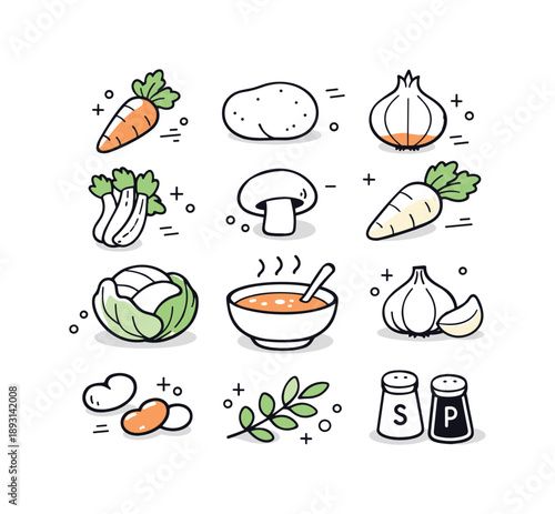 Winter Soup Ingredients. Winter soup ingredient icons. Simplified vegetables arranged as a cohesive set, clear shapes and calm visual rhythm.