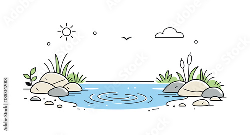 Tranquil Riverbank Scene. Riverbank moment. A peaceful riverbank with grass and stones along the water edge. Slow nature observation and calm outdoor