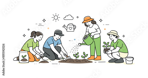 Collaborative Gardening Scene. Gardening together teamwork. Group watering plants and preparing soil with simple tools. Shared effort and steady progress.