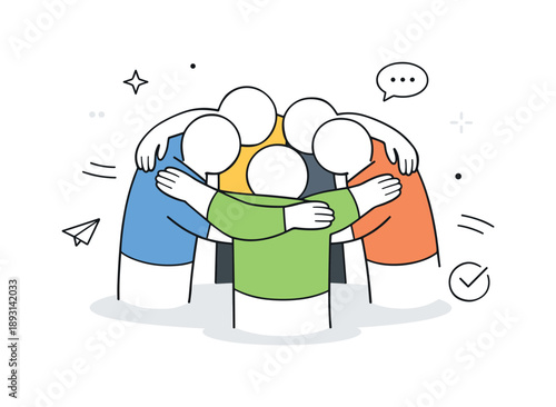 Unified Team Circle. Abstract team huddle concept. Simplified human figures forming a tight circle with minimal gestures. The composition focuses on