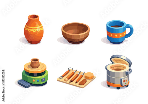 Handmade Pottery Icons. Handmade pottery pieces. Isometric flat vector icons set of Handmade pottery pieces: ceramic vase, clay bowl, handmade mug, pottery