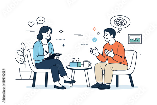 Calm Therapy Session. Therapy session. A mental health professional listening attentively while a client shares thoughts. Trust, empathy, and emotional safety