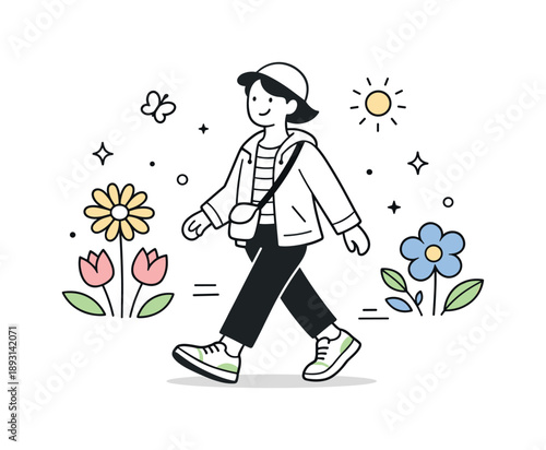 Spring Fashion Freshness. Spring fashion transition. A person wears layered clothing like a light jacket and sneakers, enjoying mild weather.