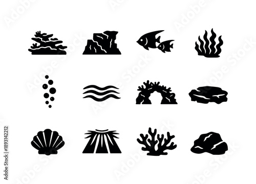 Ocean Reef Icons. Ocean Reef Landscape. Solid icon set of Ocean Reef Landscape: layered coral reef, reef cliff, tropical fish pair, seaweed cluster, bubbles