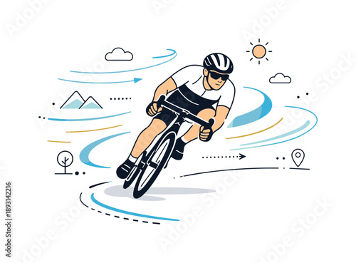 Cycling Motion Art. Cycling action. A cyclist leaning into a curve with abstract wind lines and motion shapes floating around. Calm dynamic energy and outdoor