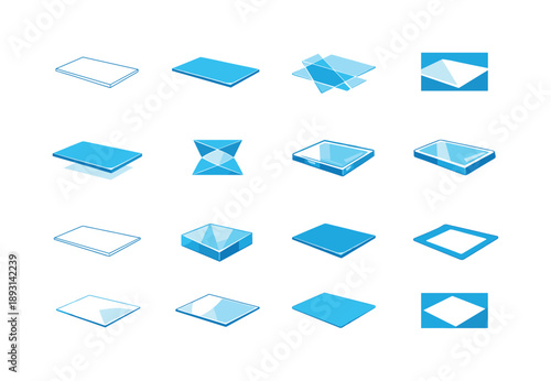 Glass Tabletop Icons. glass tabletop. Icon set. Set Logo of glass tabletop: transparent surface. harmonious logo variations of the same emblematic concept,