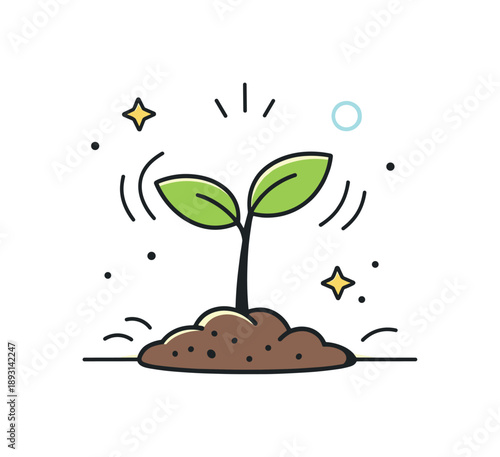 Seedling Growth Illustration. Plant growth and seedlings illustrations. A young seedling sprouting from soil, gentle motion lines showing upward growth and a