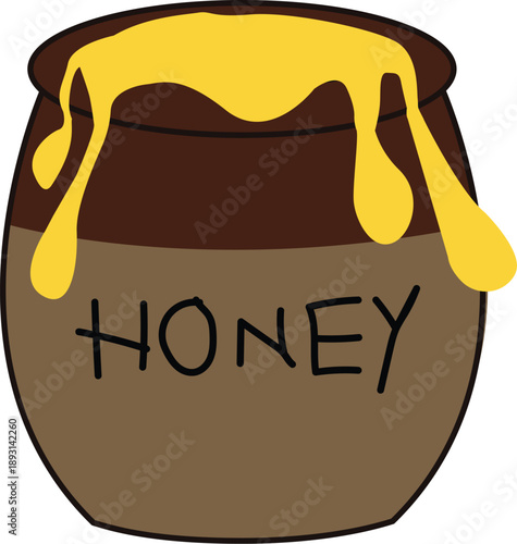 Ceramic Honey Pot with Dripping Yellow Honey Vector Illustration for Food, Sweet Treats, and Beekeeping Design