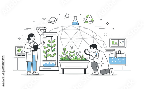 Futuristic Habitat Research. Artificial habitat research. Scientists calmly observing plants and systems inside a controlled environment. The mood feels