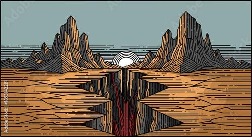 Rugged geological landscape with layered mountains and a red fissure under a pale blue sky