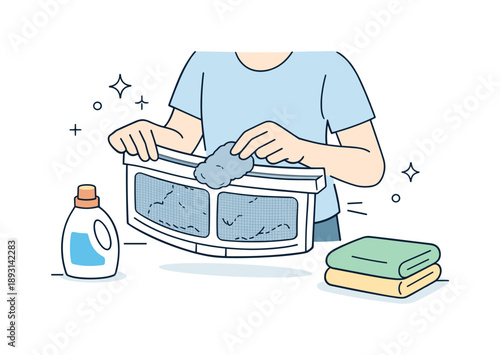 Dryer Lint Removal. Removing lint from dryer filter. A calm household scene showing a person gently pulling lint from a dryer filter, with clean lines and
