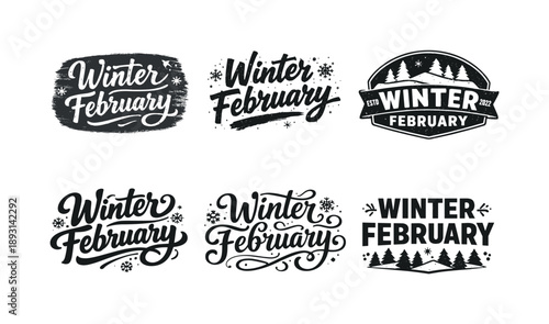 Winter Lettering Variations. Winter February stamp. Set lettering. harmonious lettering variations of the same emblematic concept, each with different artistic