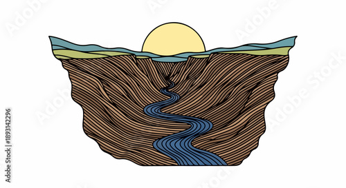 Geological cross-section illustration with river and sun
