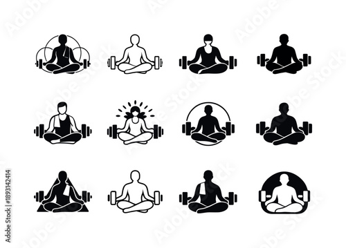 Mindfulness Icon Set. A person practicing mindfulness and relaxation after a workout session. Icon set. Set Logo of A person practicing mindfulness and