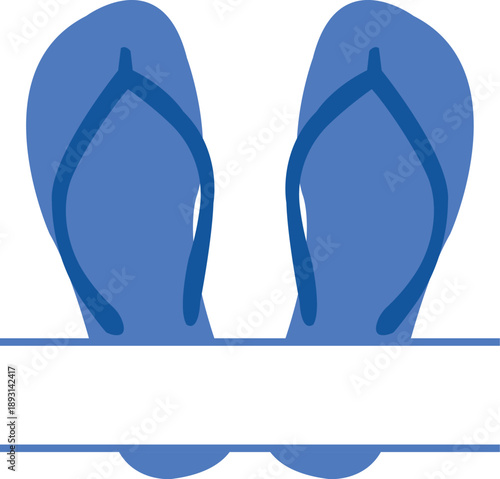 Blue flip flops banner vector illustration featuring a pair of summer sandals with a white rectangular copy space for pool party invitations, beach sale signs, and vacation text frames.
