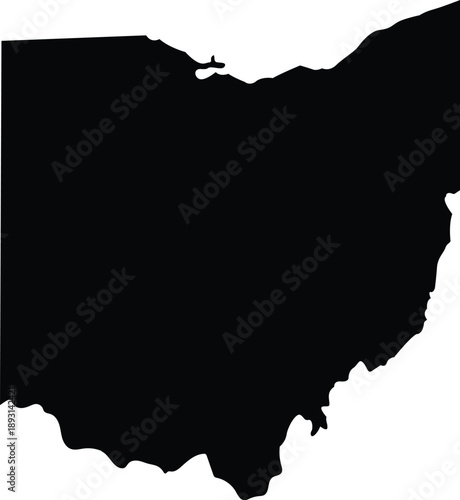 Black Ohio state map silhouette vector illustration featuring a solid shape of the OH border isolated on white for Buckeye state pride designs, regional geography icons, and Midwest travel graphics.