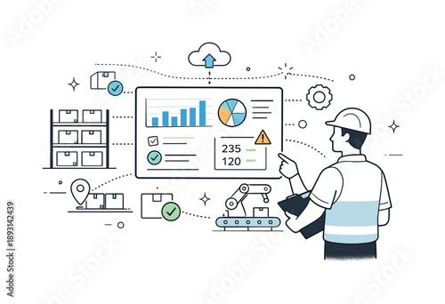 Digital Inventory Dashboard. Digital inventory tracking in factory. A supervisor reviewing inventory data on a dashboard connected to factory shelves and