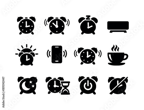 Alarm Clock Icons. Alarm Clock Set. Solid icon set of Alarm Clock Set: classic alarm clock, ringing bell alarm, snooze button, bedside clock, wake up sun,