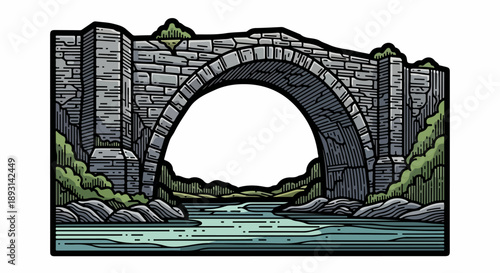 Dramatic natural stone arch formation in a serene landscape with a tranquil river and rocky outcrops