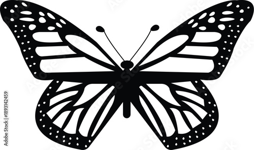 Monarch butterfly silhouette vector illustration featuring detailed open wings with patterns isolated on white for nature lovers, insect icons, and spring garden graphic design elements.