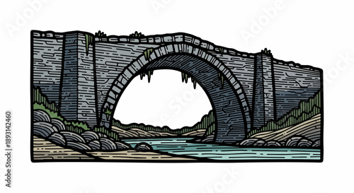 Stone bridge with semi-circular arch spanning calm water in a natural landscape