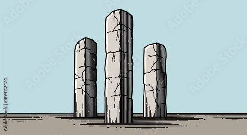 Three ancient stone pillars in minimal landscape illustration