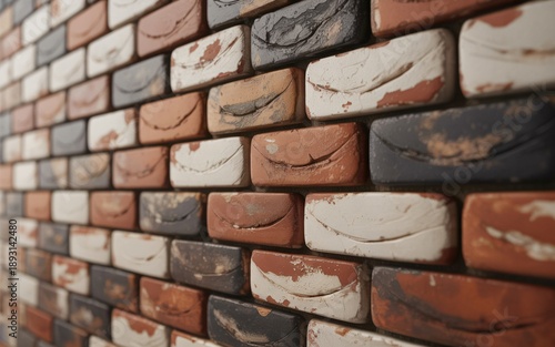  This perspective shot showcases a textured brick wall with a variety of red, brown, and black tones. 