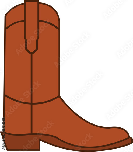 Brown cowboy boot vector illustration featuring a classic western leather shoe with stitching details isolated on white for country music festivals, rodeo posters, and ranching icons.