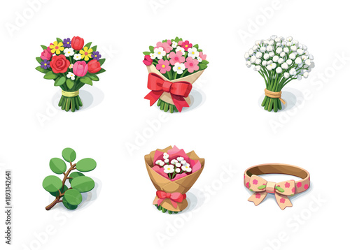 Colorful Floral Icons. Floral bouquet. Isometric flat vector icons set of Floral bouquet: mixed flower bouquet, ribbon wrap, baby breath flowers, eucalyptus
