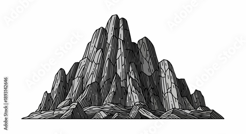 Detailed line art illustration of a dramatic mountain range in black and white