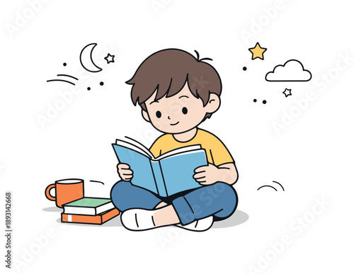 Peaceful Reading Moment. Child reading alone. A young reader sitting comfortably with a book, absorbed in the story. Quiet concentration and imagination with
