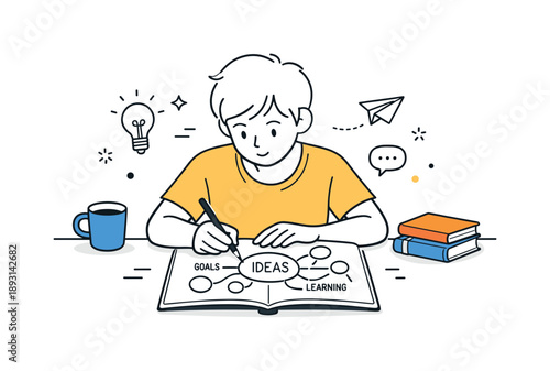 Mind Mapping Focus. Self education scene. A person writing or drawing mind maps and ideas on a notebook with a focused expression. Creative thinking and
