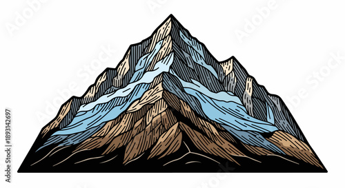 Detailed illustration of a striking mountain range in a woodcut-inspired style