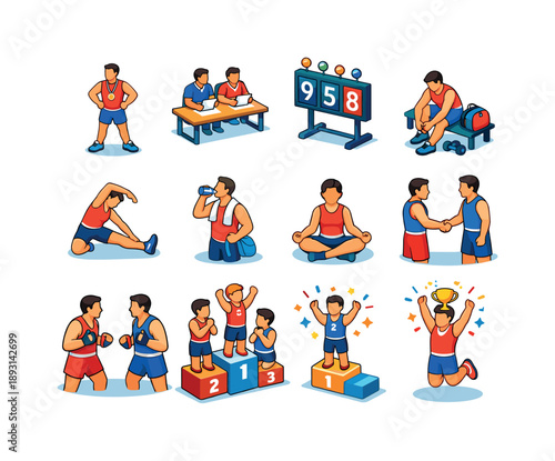 Athletic Icons Set. Athletic Competition. Colorful isometric vector icons set of Athletic Competition: athlete confidence pose, performance evaluation scene,